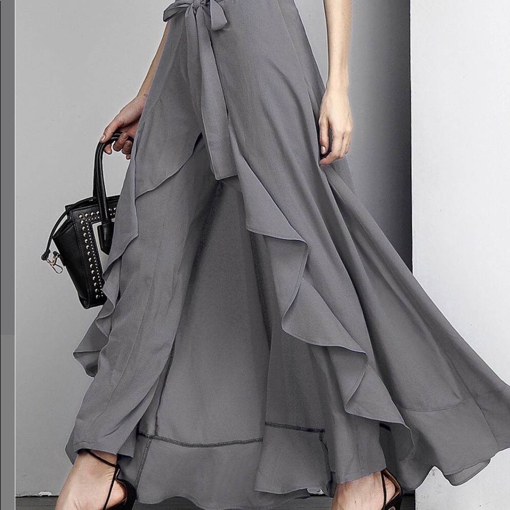 Charcoal Chiffon High Waist Ruffle Pants